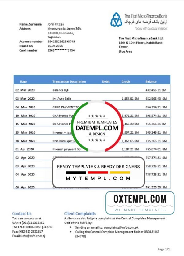 Tajikistan The First MicroFinance (FMFB) bank proof of address statement template in Word and PDF format