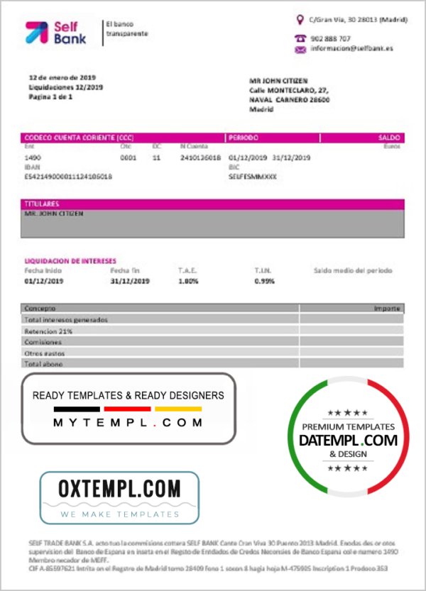 Spain Self Bank proof of address statement template in Word and PDF format, .doc and .pdf format