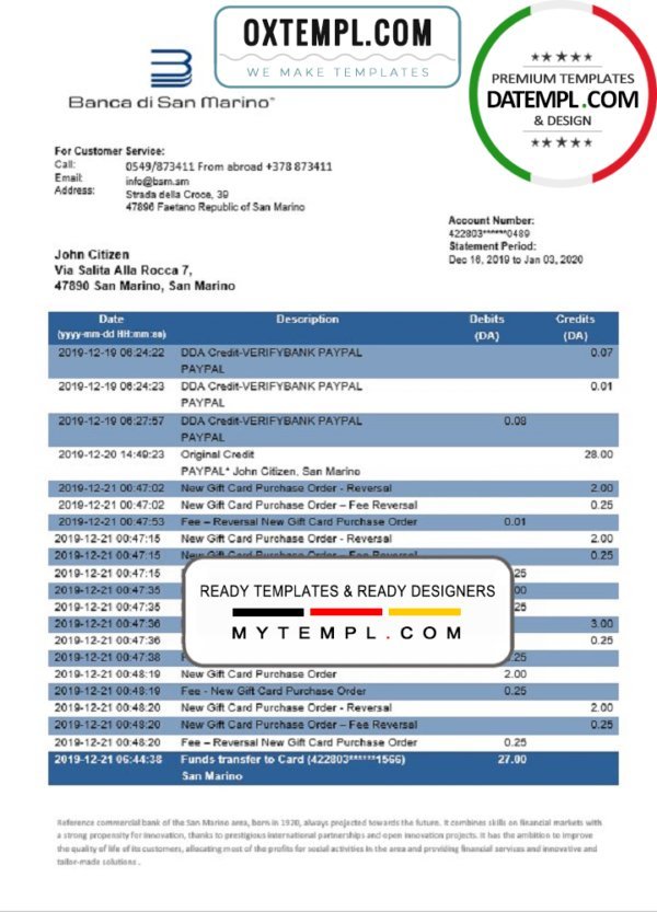 San Marino Banca di San Marino bank statement template, Word and PDF format (.doc and .pdf)