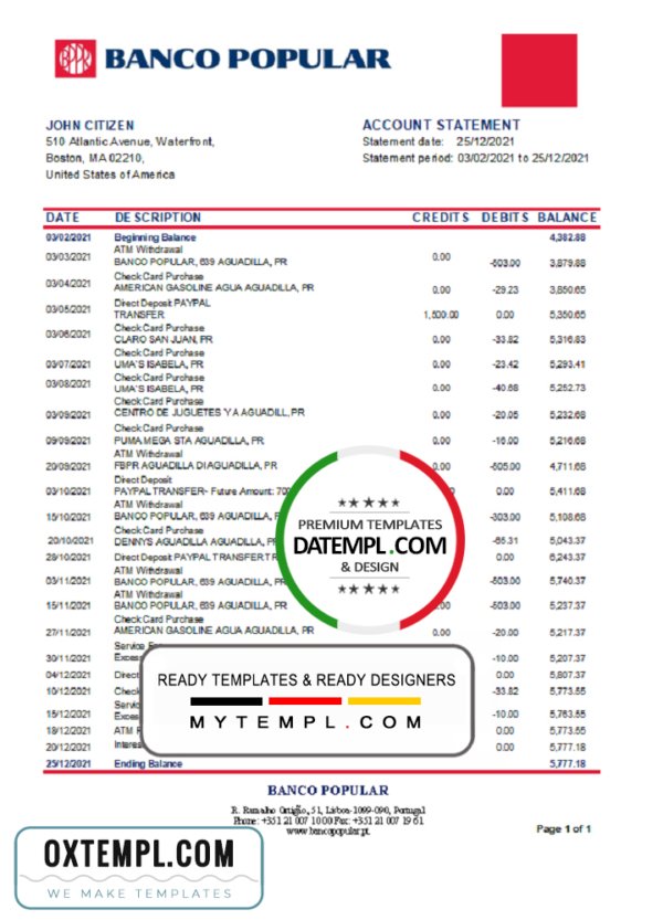 Portugal Banco Popular bank statement template in Excel and PDF format, .xls and .pdf format