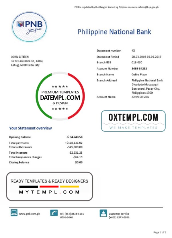 Philippines National Bank (PNB) proof of address bank statement template in Word and PDF format