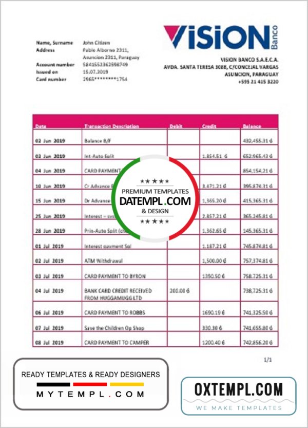 Paraguay Vision Banco bank statement template in Word and PDF format