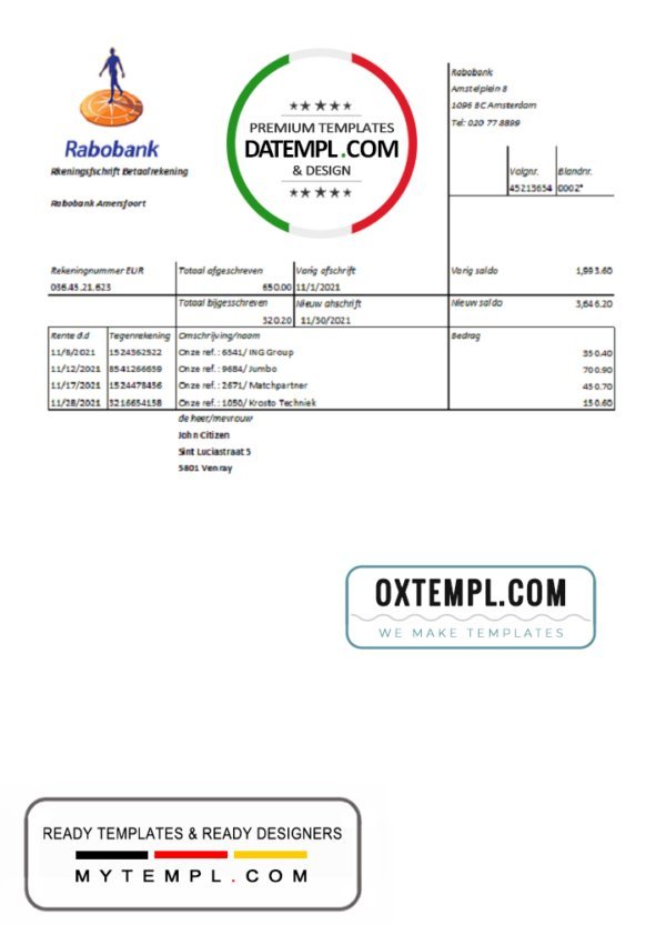 Netherlands Rabobank bank statement easy to fill template in .xls and .pdf file format