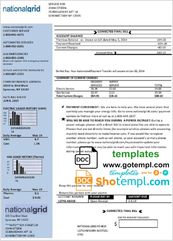 USA New York National Grid utility bill template in Word and PDF format