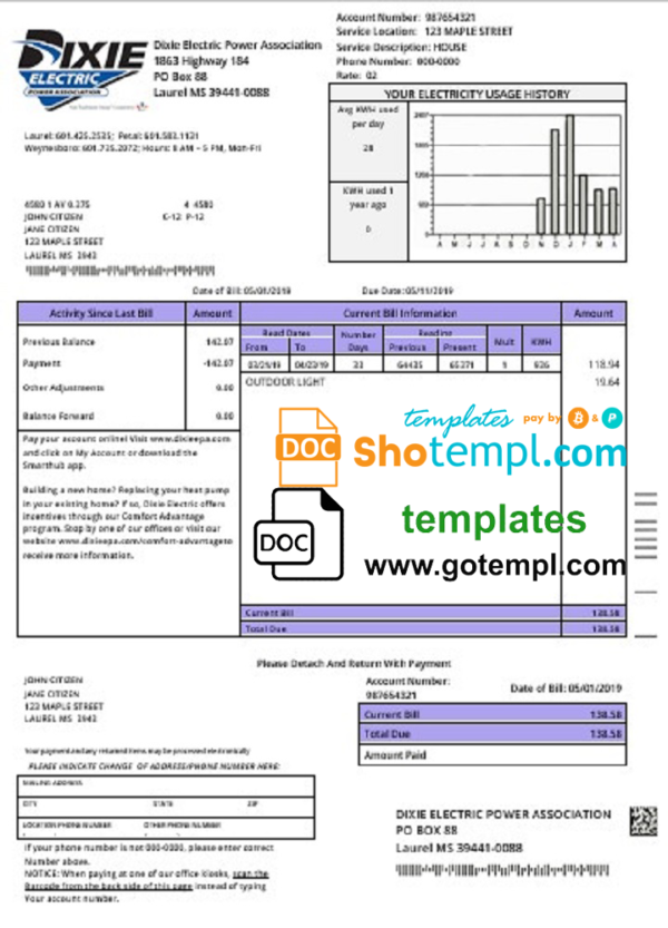 USA Mississipi Dixie Electric utility bill template in Word and PDF format