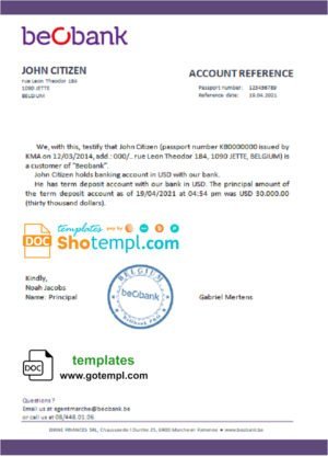 Belgium Beobank account reference letter template in Word and PDF format
