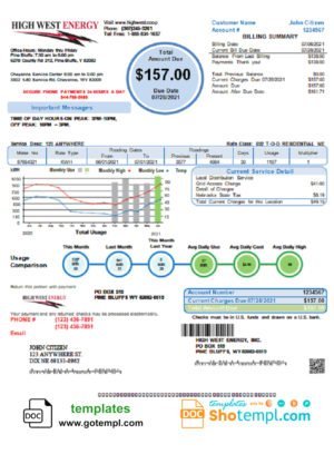 USA Wyoming High West Energy utility bill in Word and PDF format, version 2