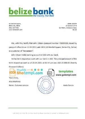 Belize Belizebank bank reference letter template in Word and PDF format