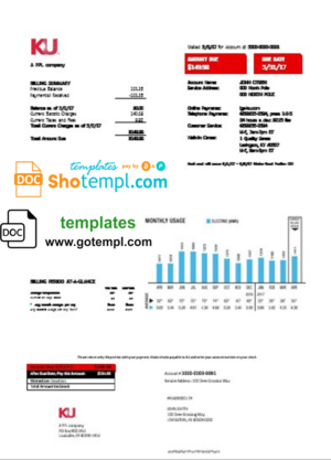USA Kentucky electricity utility bill template in Word and PDF format