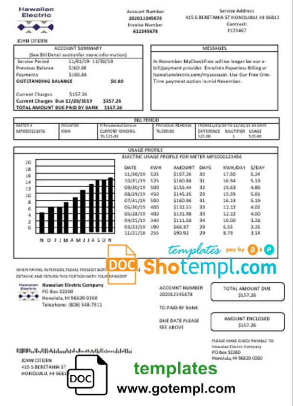 USA Hawaiian Electric utility bill template in Word and PDF format (.doc and .pdf)