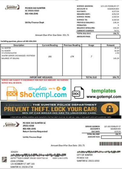 USA City of Sumter South Carolina water utility bill template in Word and PDF format