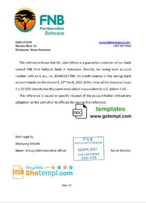 Botswana First National Bank (FNB) account reference letter template in Word and PDF format