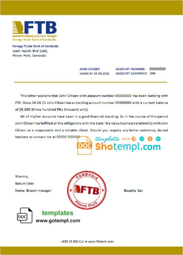 Cambodia Foreign Trade Bank of Cambodia bank account reference letter template in Word and PDF format