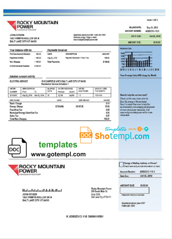 USA Utah Rocky Mountain Power electricity utility bill template in Word and PDF format