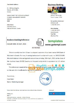 Canada BMO Bank of Montreal Bank account reference letter template in Word and PDF format