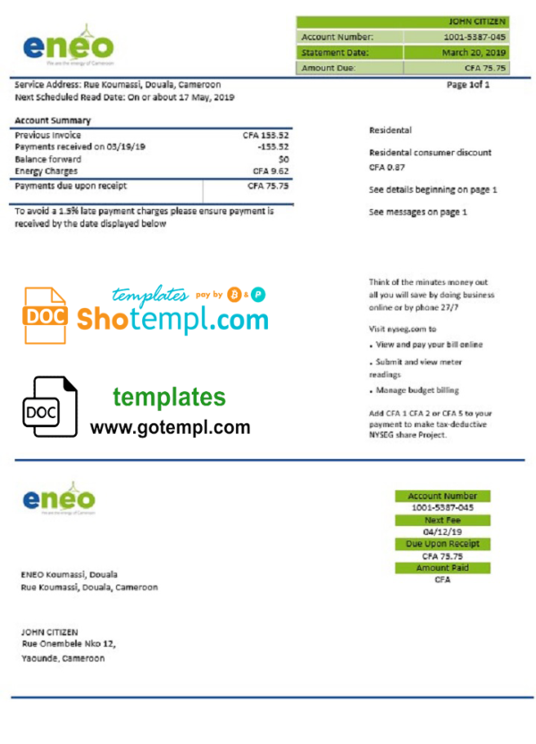 Cameroon ENEO electricity utility bill template in Word and PDF format