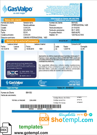 Chile GasValpo utility bill template, fully editable in Word and PDF format