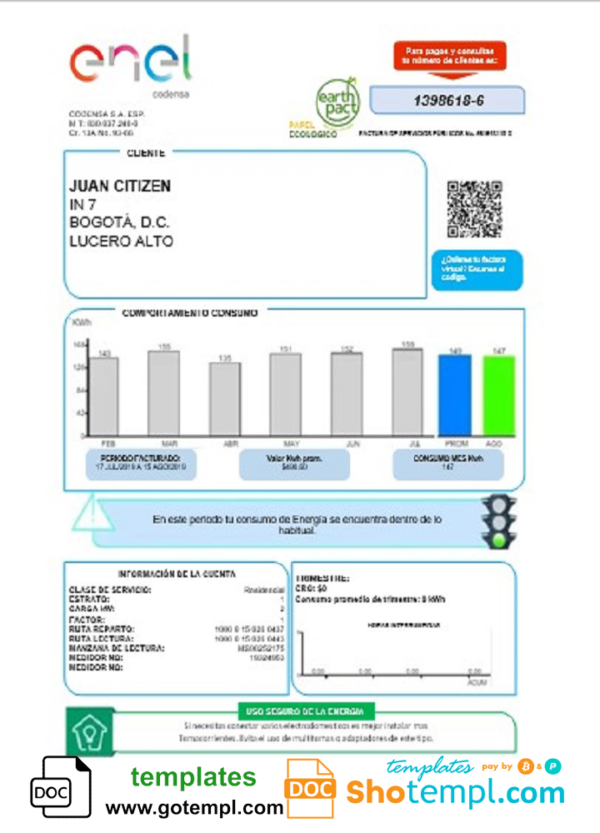 Colombia ENEL energy utility bill template in Word and PDF format