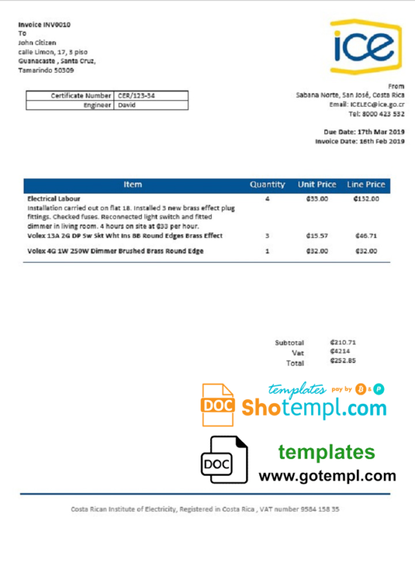 Costa Rica Costa Rican Institute of Electricity utility bill template in Word and PDF format