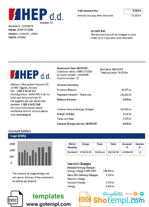 Croatia Hrvatska Elektroprivreda electricity utility bill template in Word and PDF format