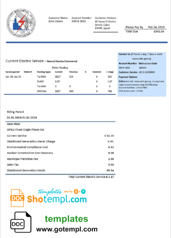 Egypt Egyptian Electricity utility bill template in Word and PDF format