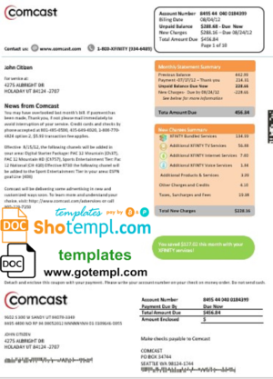 USA Utah Comcast utility bill template in Word and PDF format, version 1