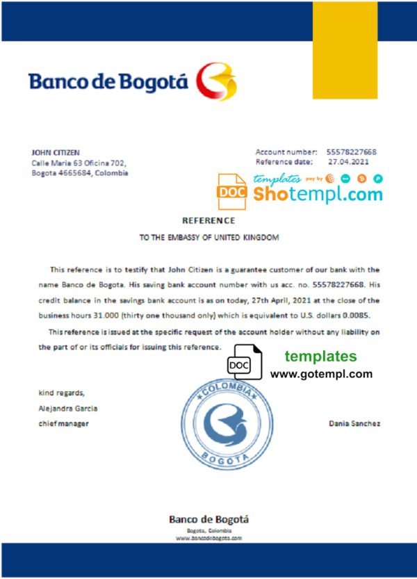 Colombia Banco de Bogotá bank account reference letter template in Word and PDF format