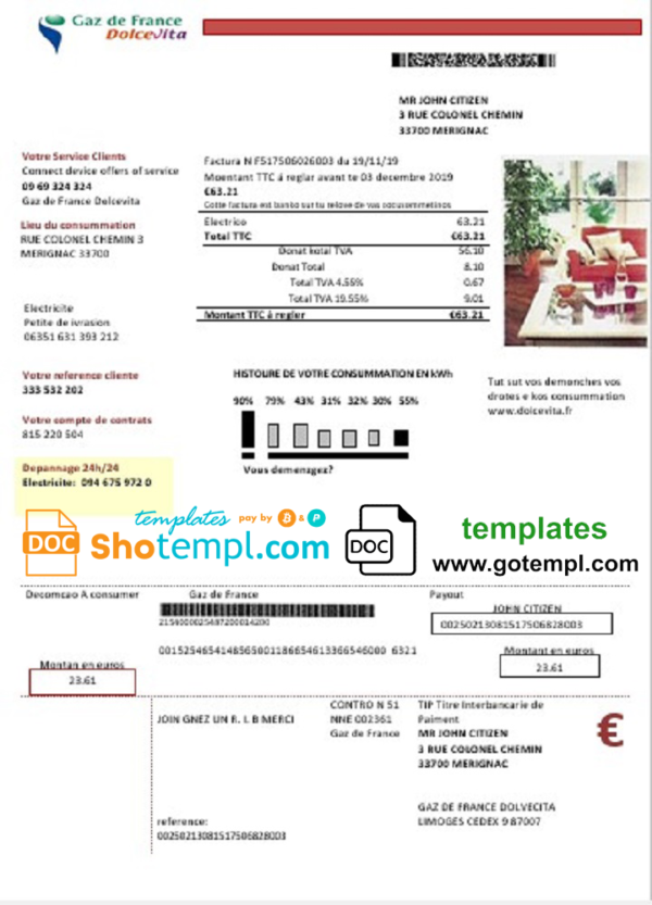 France Gaz de France Dolcevita utility bill template in Word and PDF format