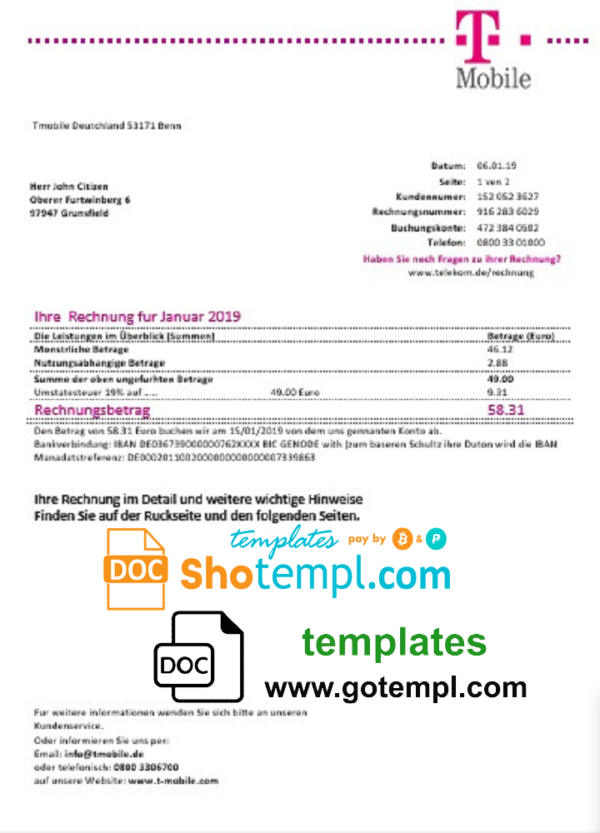 Germany T Mobile utility bill template in Word and PDF format