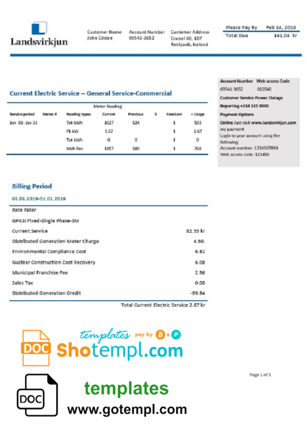 Iceland National Power Company of Iceland Landsvirkjun electricity utility bill template in Word and PDF