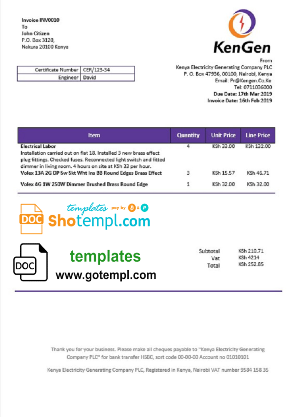 Kenya KenGen Electricity Generating Company utility bill template in Word and PDF format