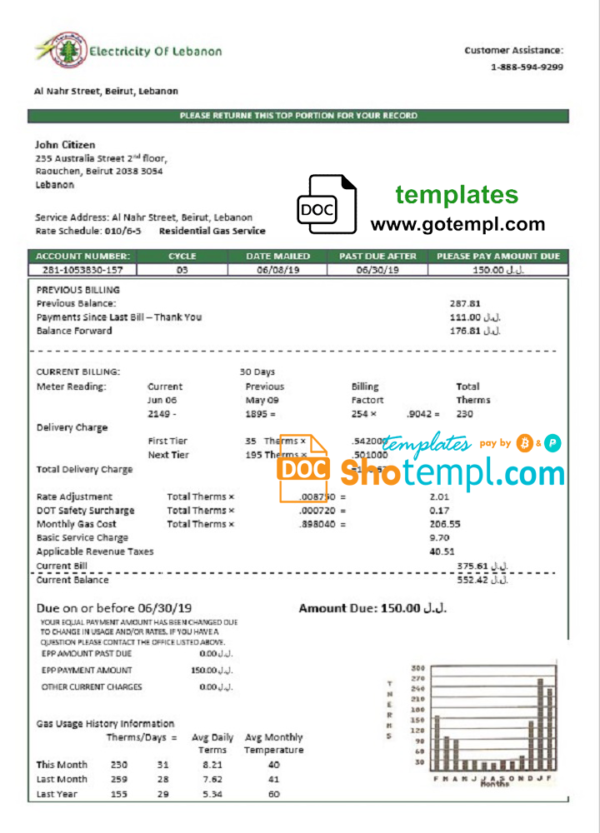 Lebanon Electricity of Lebanon utility bill template in Word and PDF format