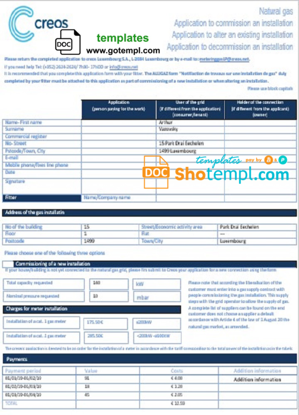 Luxembourg Creos gas utility bill template in Word and PDF format (.doc and .pdf)