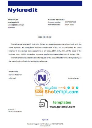 Denmark Nykredit bank account reference letter template in Word and PDF format