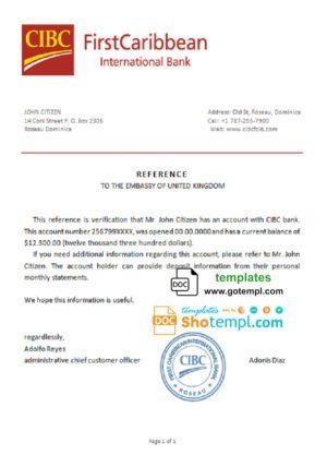 Dominica CIBC First Caribbean International bank account reference letter template in Word and PDF format