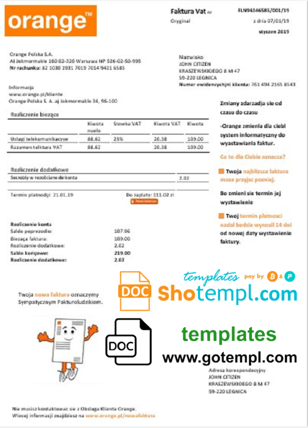 Poland Orange utility bill template in Word and PDF format