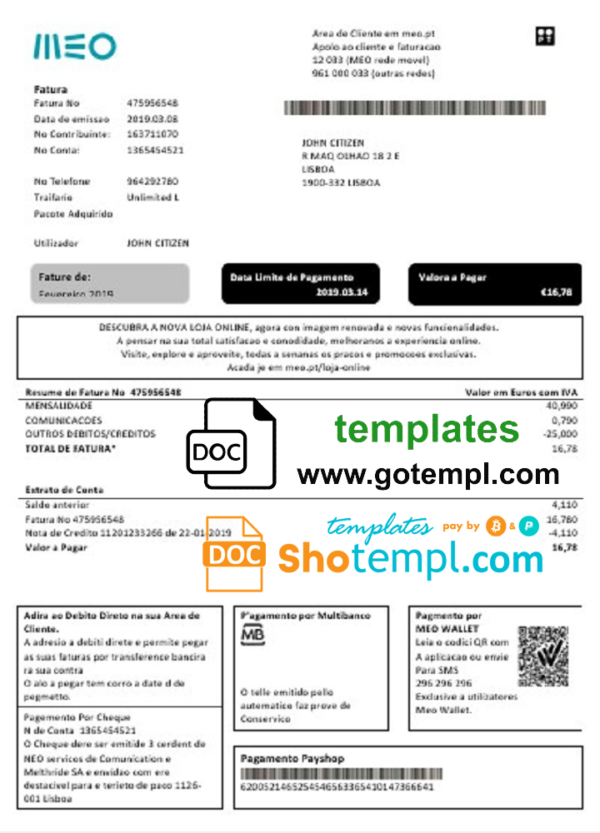 Portugal MEO utility bill template in Word and PDF format, fully editable