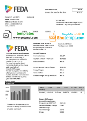 Andorra Electric Forces of Andorra utility bill template in Word and PDF formats