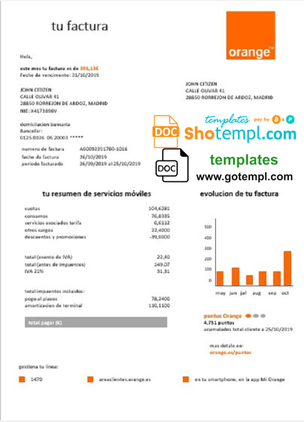 Spain Orange easy fillable utility bill template in Word and PDF format