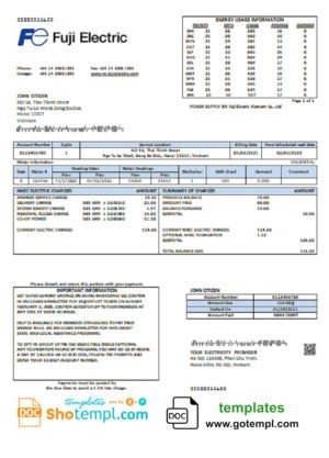 Vietnam Fuji Electric Vietnam Co. utility bill template in Word format