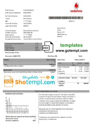 Spain Vodafone telecommunications utility bill template in Word and PDF format