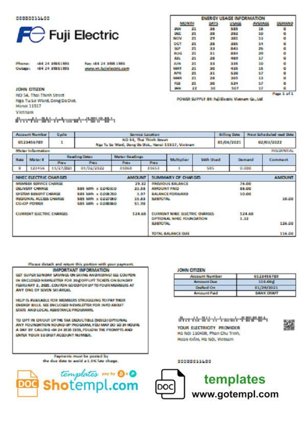 Vietnam Fuji Electric Vietnam Co. utility bill template in Word format