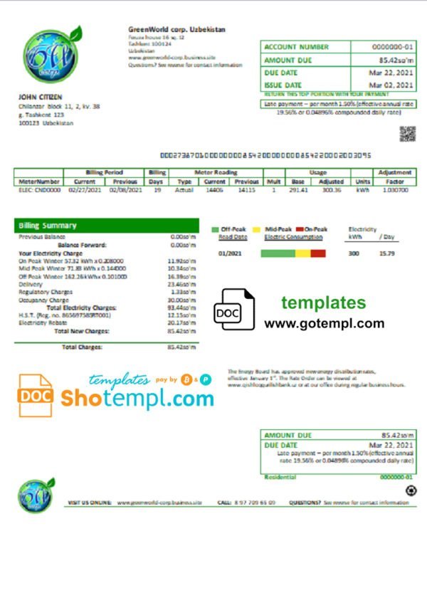 Uzbekistan GreenWorld utility bill template in Word and PDF (.doc and .pdf) format, fully editable