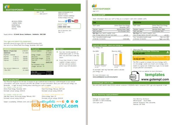 USA ScottishPower utility bill template in Word and PDF format (3 pages)