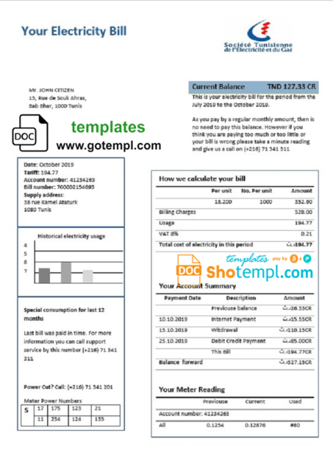 Tunisia electricity proof of address utility bill template in Word and PDF format