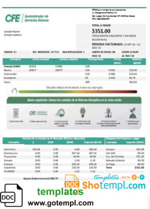 Mexico Electricity CFE utility bill template in Word and PDF format, fully editable