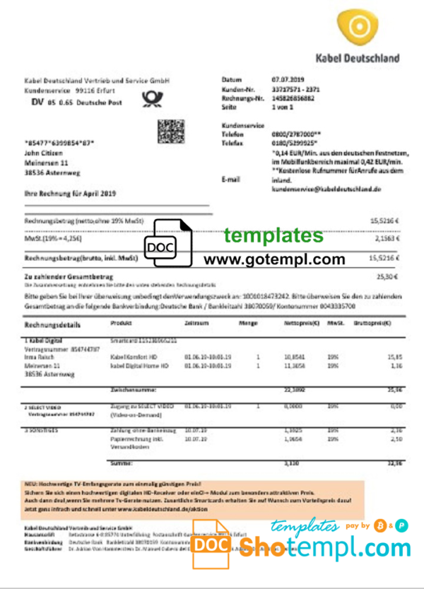 Germany TV Cabel utility bill template in Word and PDF format, fully editable