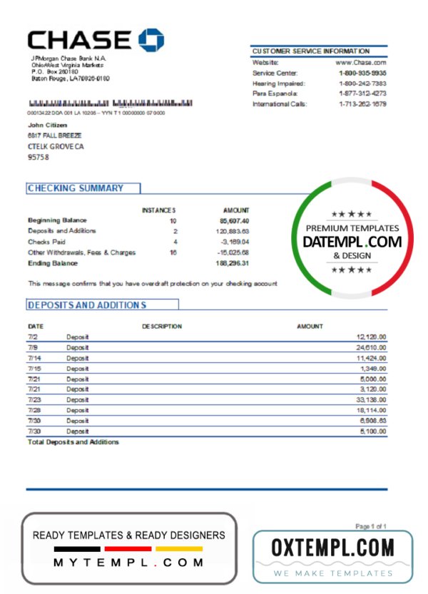 USA JP Morgan Chase bank proof of address statement template in Word and PDF format, .doc and .pdf format