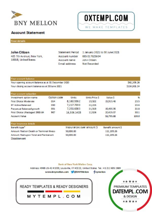 USA Bank of New York Mellon proof of address bank statement template in Word and PDF format (.doc and .pdf)