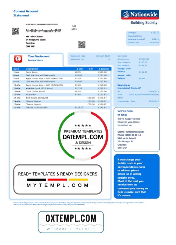 United Kingdom Nationwide bank statement template in Word and PDF file format